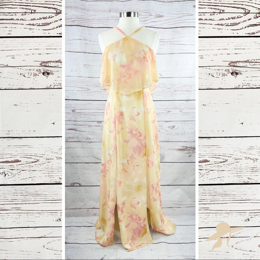 Giani Binni peach watercolor floral front slits ruffle bust